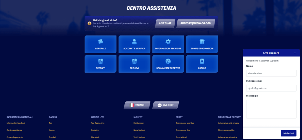 Wonaco Casino servizio clienti